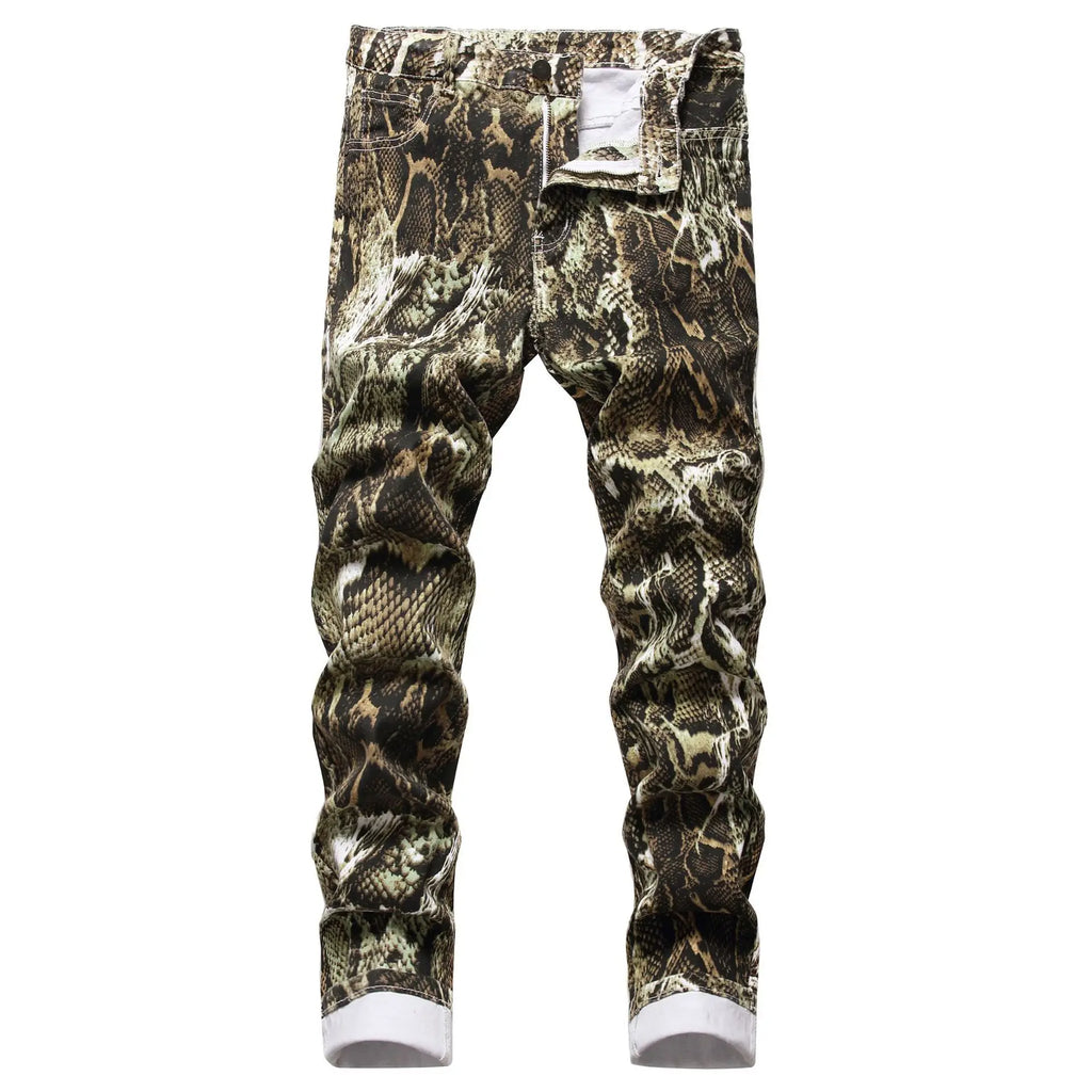Jeans pour hommes, pantalon crayon imprimé peau de serpent, coupe slim, extensible, coloré, taille moyenne, denim délavé, longueur cheville