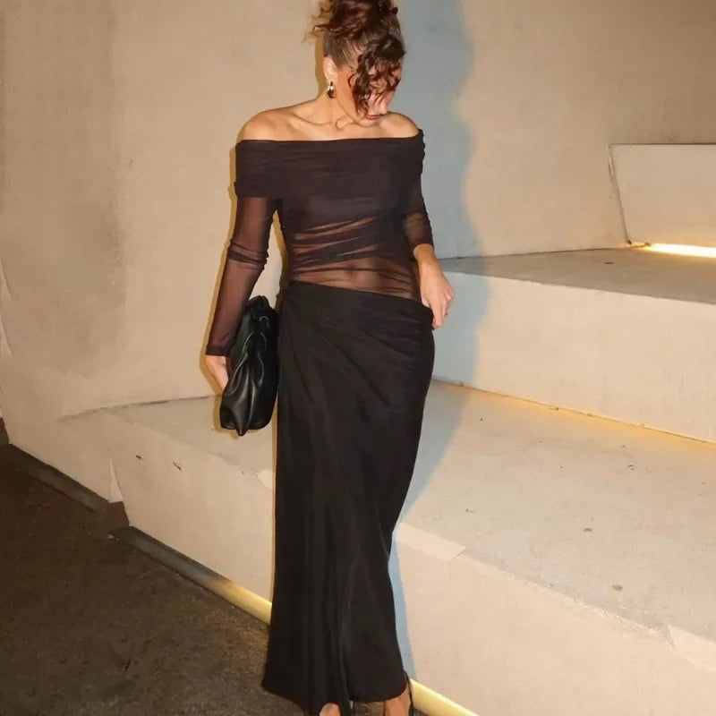 Tuularose Sexy Mesh Hollow Long Dress Women's Sexy One Shoulder Long Sleeve Patchwork Resort Dress Summer Party Evening Dress
