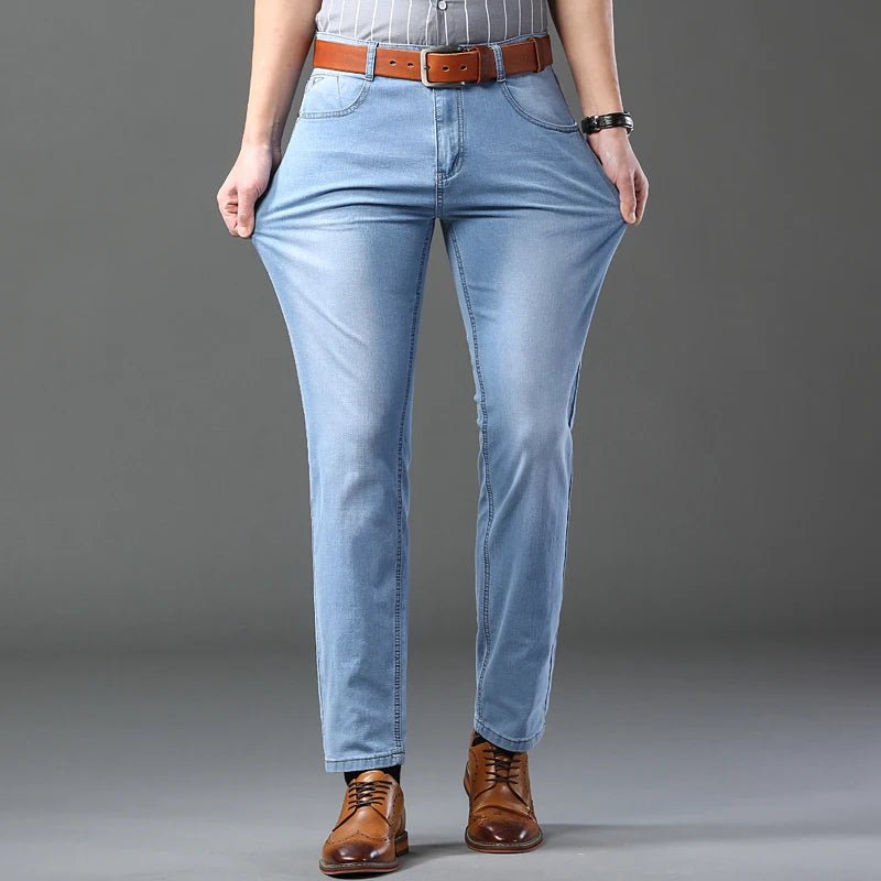 Men's Thin Jeans 2025 Summer New Style Business Casual Slim Fit Elastic Classic Style Trousers Sky Blue Pants Male size 28-40