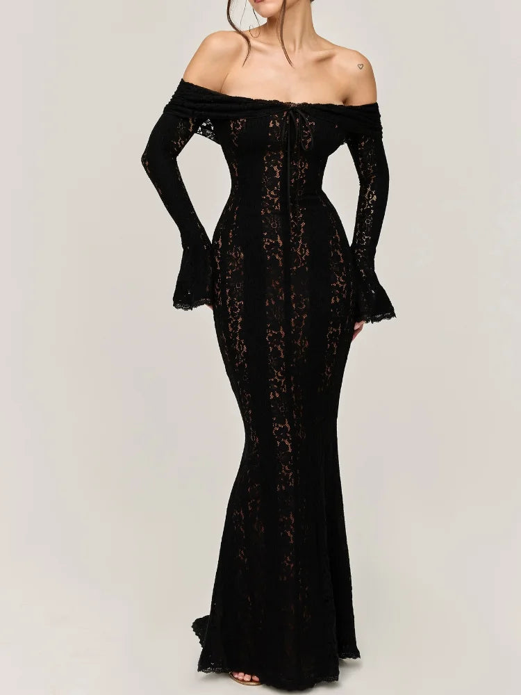 Sexy Women Hollow Out Slash Neck Lace Flared Sleeve Long Dress Elegant Laced Up Slim Fit Robes New Lady Evening Party Vestidos