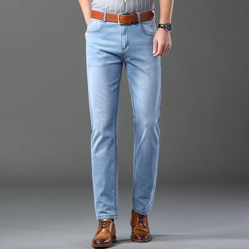 Men's Thin Jeans 2025 Summer New Style Business Casual Slim Fit Elastic Classic Style Trousers Sky Blue Pants Male size 28-40