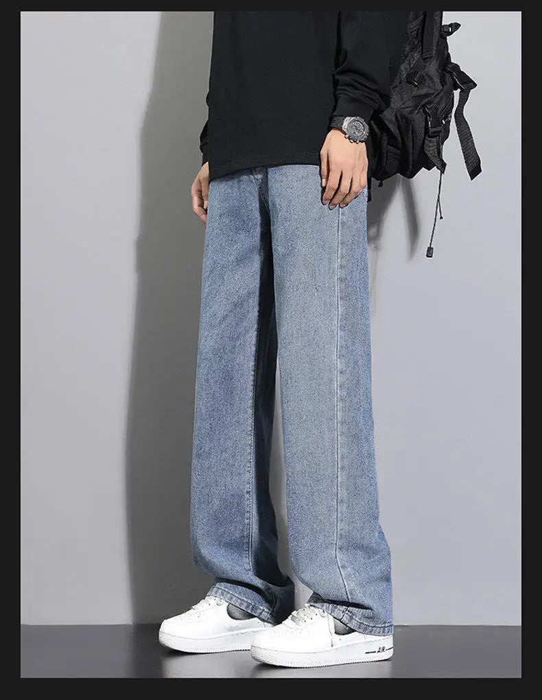 Jean long décontracté pour homme, style coréen, classique, droit, jambes larges, couleur unie, bleu clair, gris, noir, 2025
