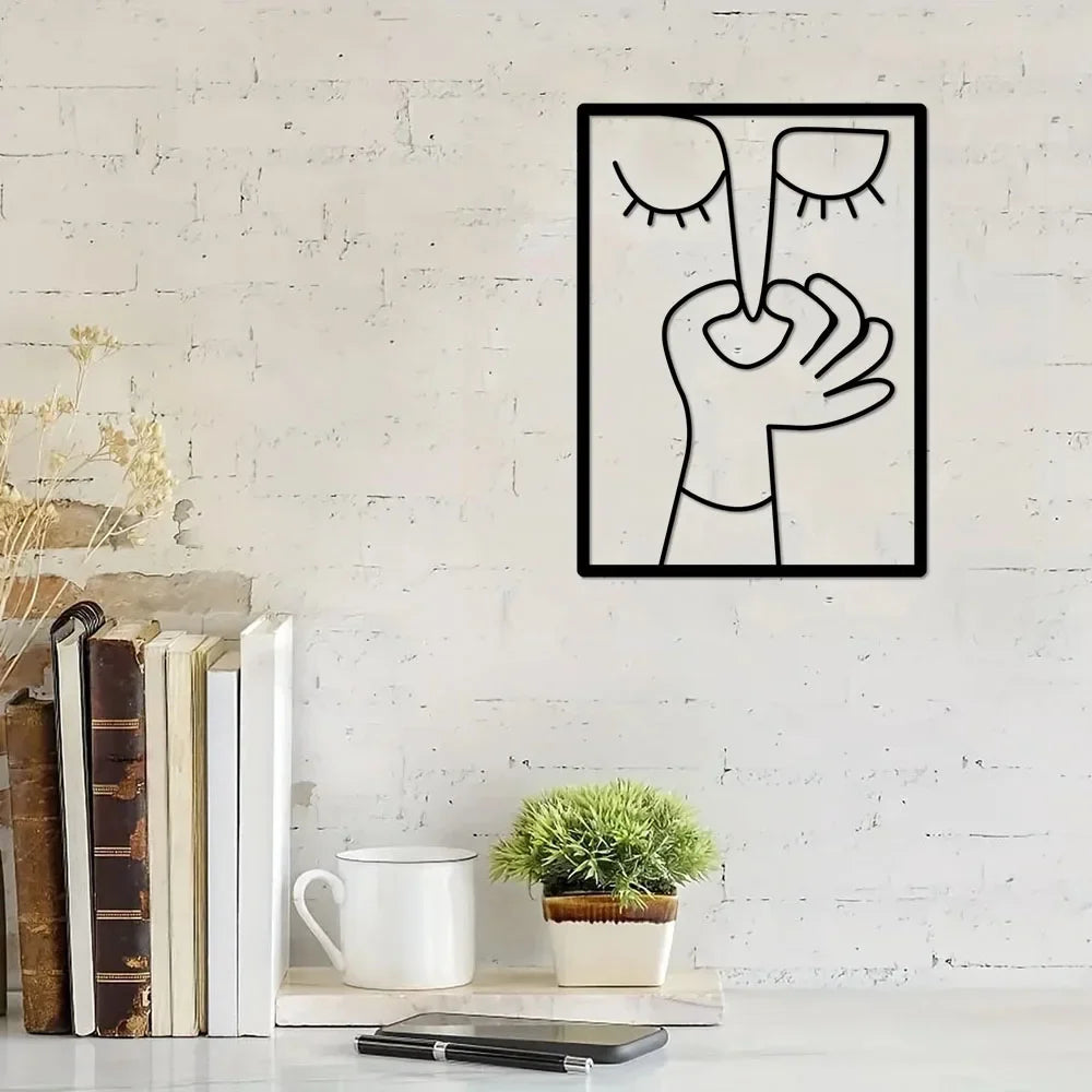 Décoration murale en métal pour toilettes : portrait amusant avec un design minimaliste en forme de ligne, utilisé comme panneau de salle de bain et décoration de toilettes