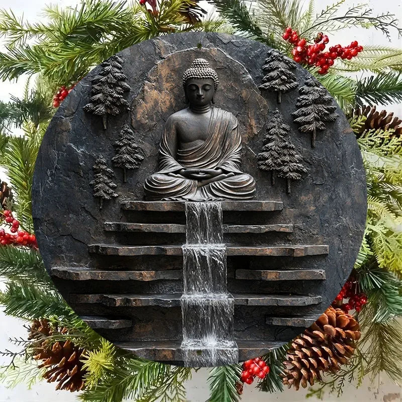 Décoration murale en métal représentant un Bouddha en méditation vintage, avec un moine serein et une cascade. Décoration murale pour jardin