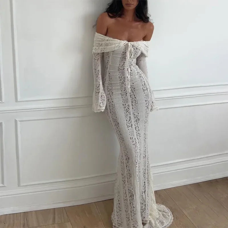 Sexy Women Hollow Out Slash Neck Lace Flared Sleeve Long Dress Elegant Laced Up Slim Fit Robes New Lady Evening Party Vestidos