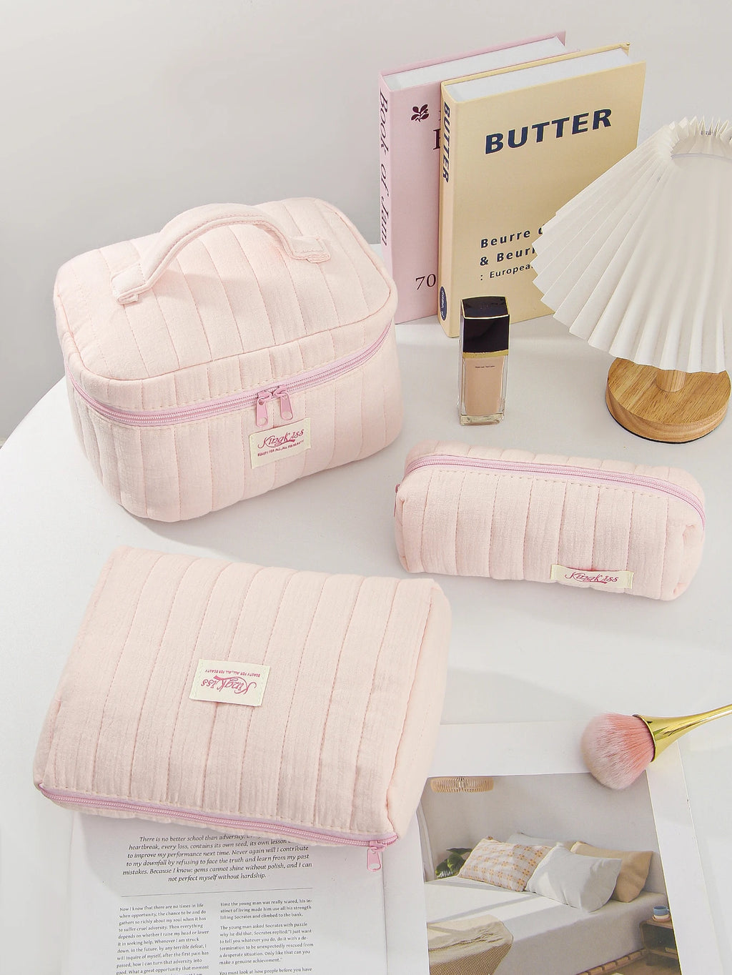1pc/set pink quilted makeup bag, multifunctional makeup bag, handheld makeup bag, portable makeup bag set with zipper