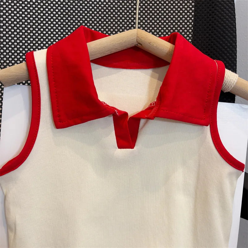 Children's Clothing Sets Lapel Sleeveless Top + Flip Cherry Embroidered Denim Shorts 2pcs Girls Clothes Set 2 To 7 Years
