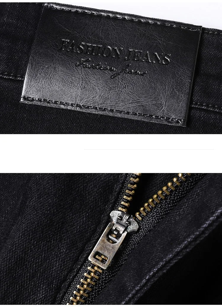 2025 Spring New Men's Straight Jeans Elastic Pant Classic Smoke Gray Casual Wear Mid Waist Casual Trousers Black Male Brand