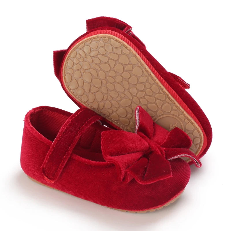 Spring and Autumn Newborn Flannelette Princess Shoes Baby Girls Bow Flat Shoes Toddler Baby Soft Rubber Sole First Walking Shoes