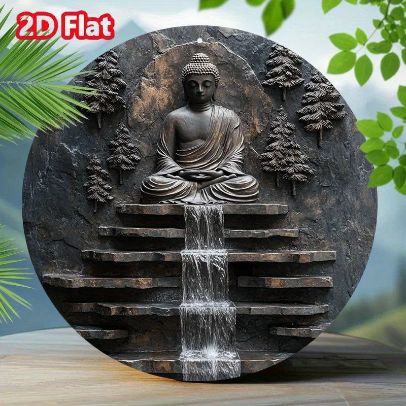 Décoration murale en métal représentant un Bouddha en méditation vintage, avec un moine serein et une cascade. Décoration murale pour jardin