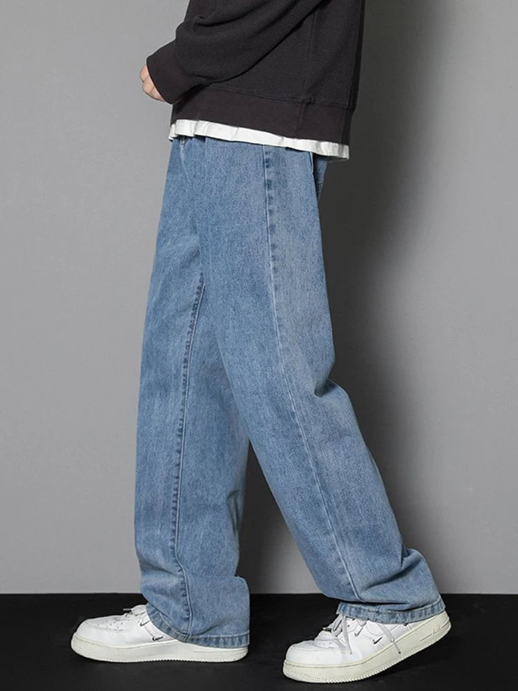 Jean long décontracté pour homme, style coréen, classique, droit, jambes larges, couleur unie, bleu clair, gris, noir, 2025