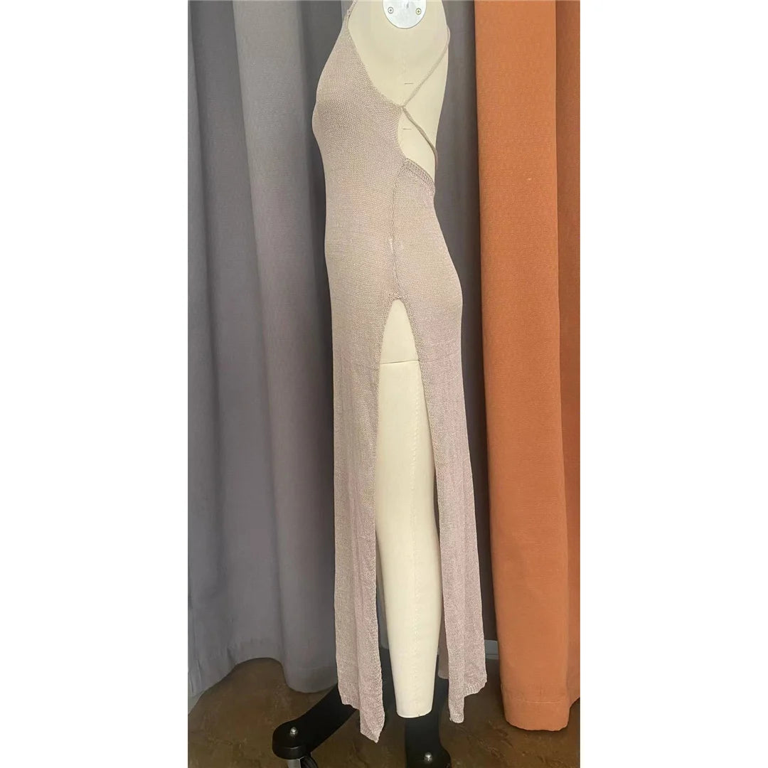 Crochet Knitted Tunic Beach Cover Up See-through Slit Halter Slip Long Dress for Women 2024 Summer Maxi Beachdress