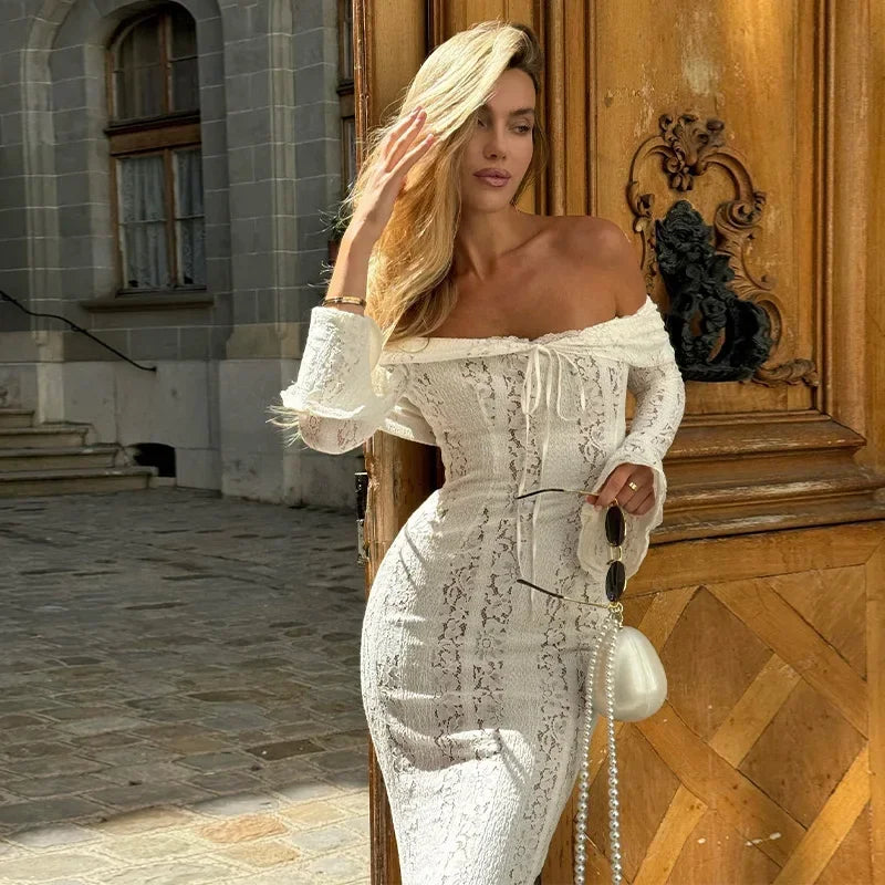 Sexy Women Hollow Out Slash Neck Lace Flared Sleeve Long Dress Elegant Laced Up Slim Fit Robes New Lady Evening Party Vestidos
