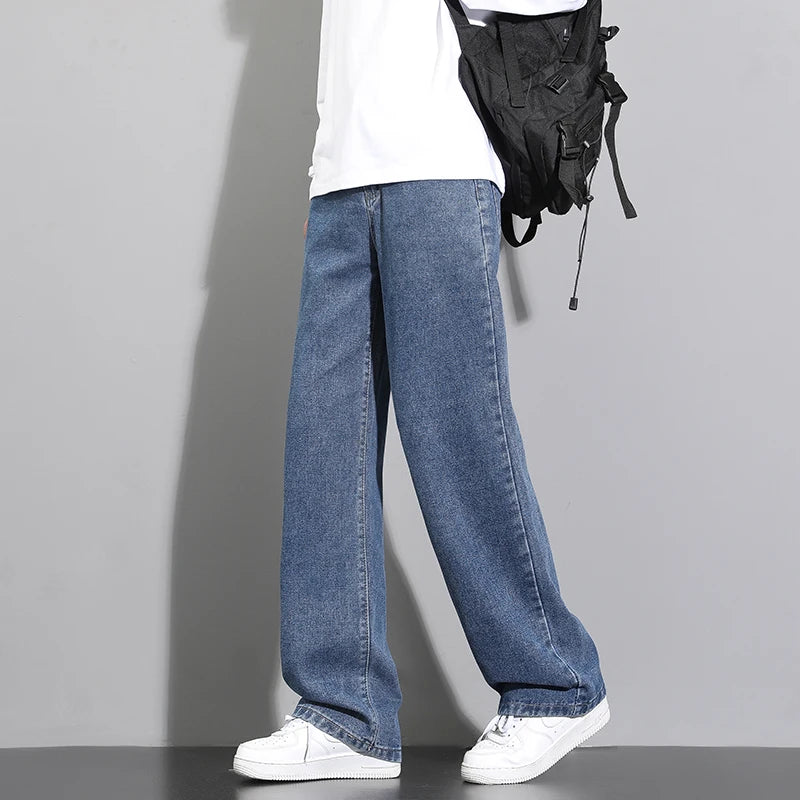 Jean long décontracté pour homme, style coréen, classique, droit, jambes larges, couleur unie, bleu clair, gris, noir, 2025