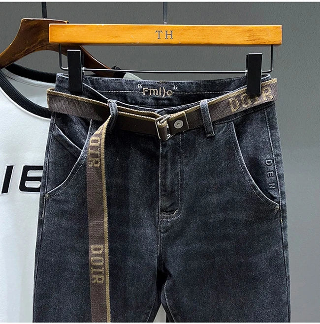 Tapered Jeans for Men's Clothing Autumn New Fashion Embroidered Korean Harem Pants Casual Stretch Black Denim Trousers