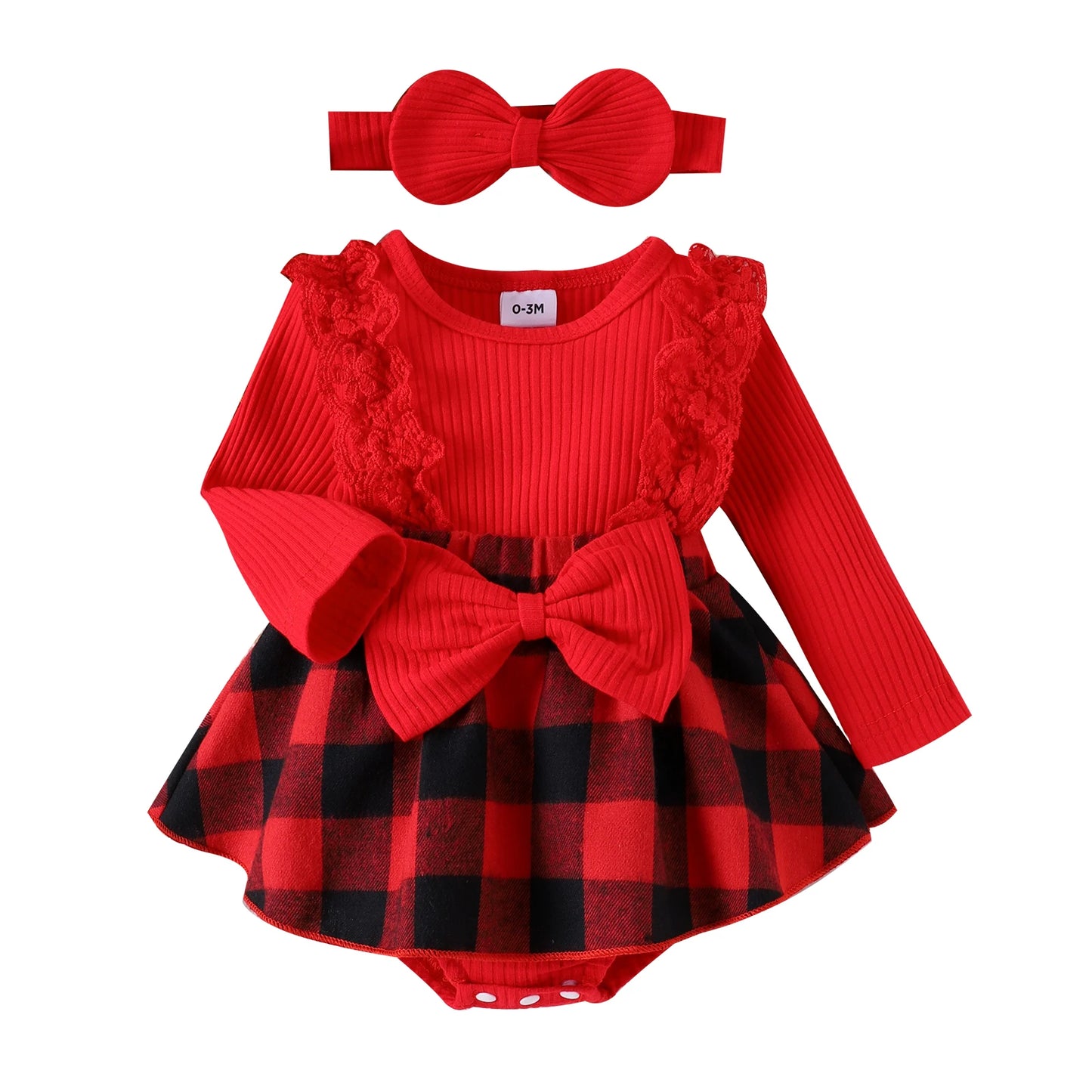 Newborn Baby Girl Christmas Romper Dress Ruffle Long Sleeve Plaid Jumpsuit Skirts Hem Bodysuit with Headband Outfit