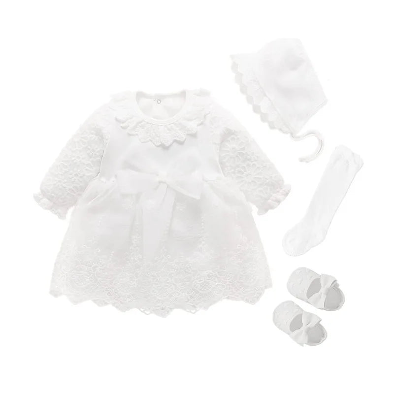 Newborn Baby Girl Dresses Clothes For 0-3 Month Set Party Birthday Dress Outfits 0-1 Years Shoes Tights & Long Socks Christening