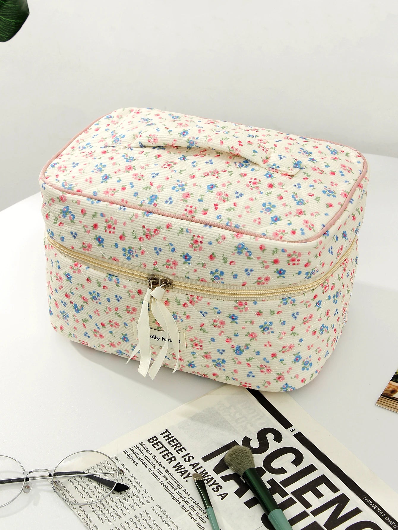 1pc/set Corduroy Quilted Makeup Bag, Floral Makeup Bag, Makeup Toiletries Storage Bag, Fashion Portable Makeup Bag