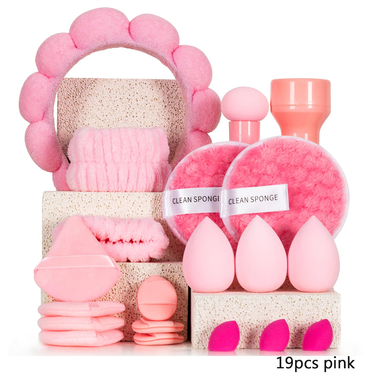 19pcs Makeup Puff and Sponge Set Makeup Tool Set Makeup Sponge Triangle Puff Finger Puff  Headband Wristband Makeup remover Puff