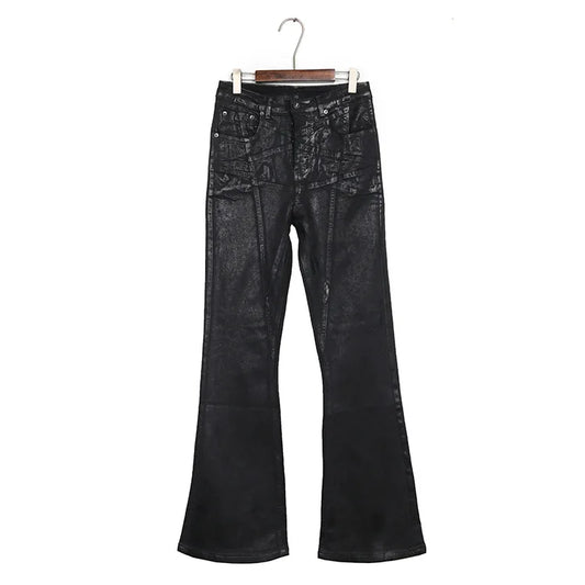 Men Wax Denim Jeans Cotton Casual  Men's Clothing Coated Autumn Straight Solid High Street Black Jeans Long Pants
