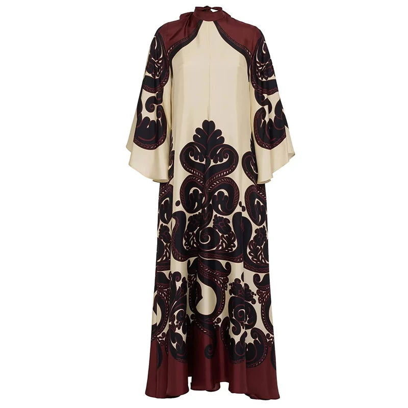 Muslim Ethnic Pattern Print Vintage Dress for Women Sexy V Neck Lace-up Long Dress Spring Fall 3/4 Sleeve Loose Party Maxi Dress