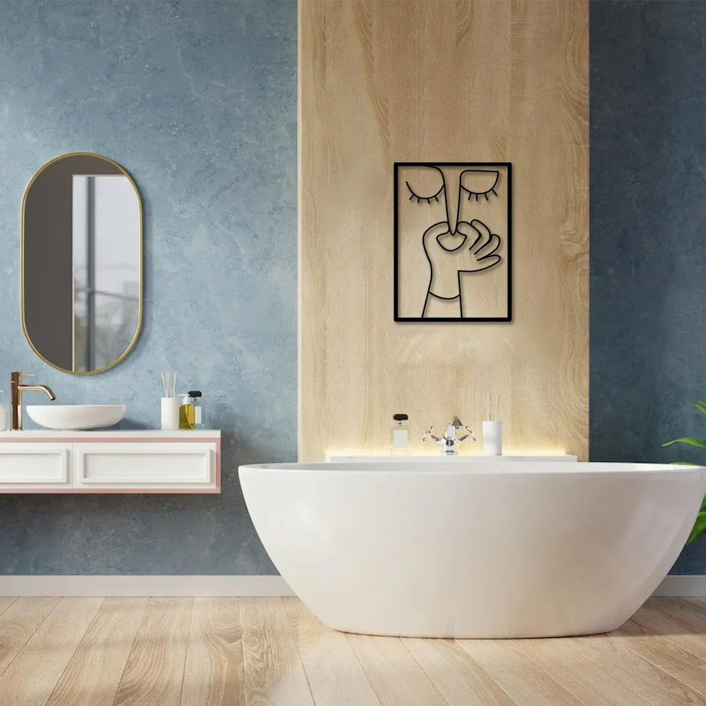 Tuvalet İçin Metal Duvar Sanatı: Minimal Çizgi Sanatı Tasarımıyla Komik Portre Banyo Tabelası ve Tuvalet Dekoru