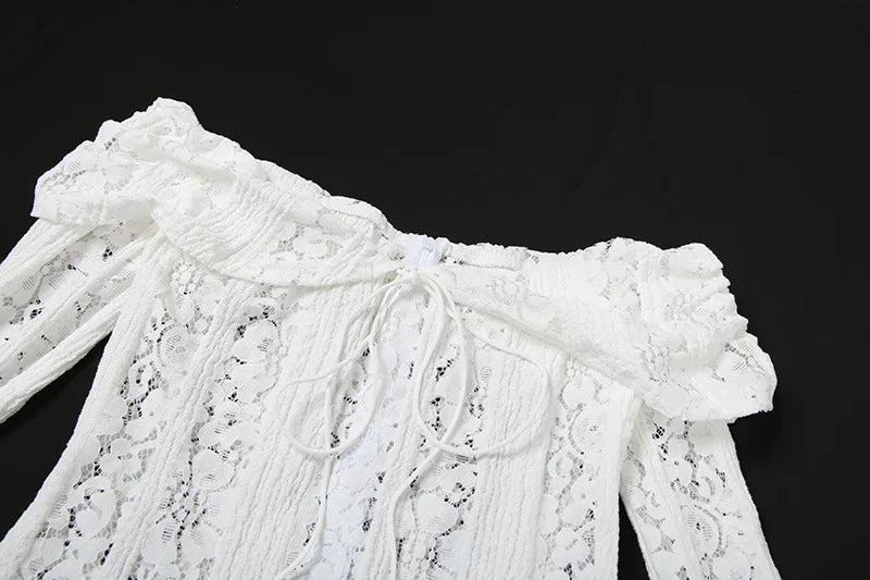 Sexy Women Hollow Out Slash Neck Lace Flared Sleeve Long Dress Elegant Laced Up Slim Fit Robes New Lady Evening Party Vestidos