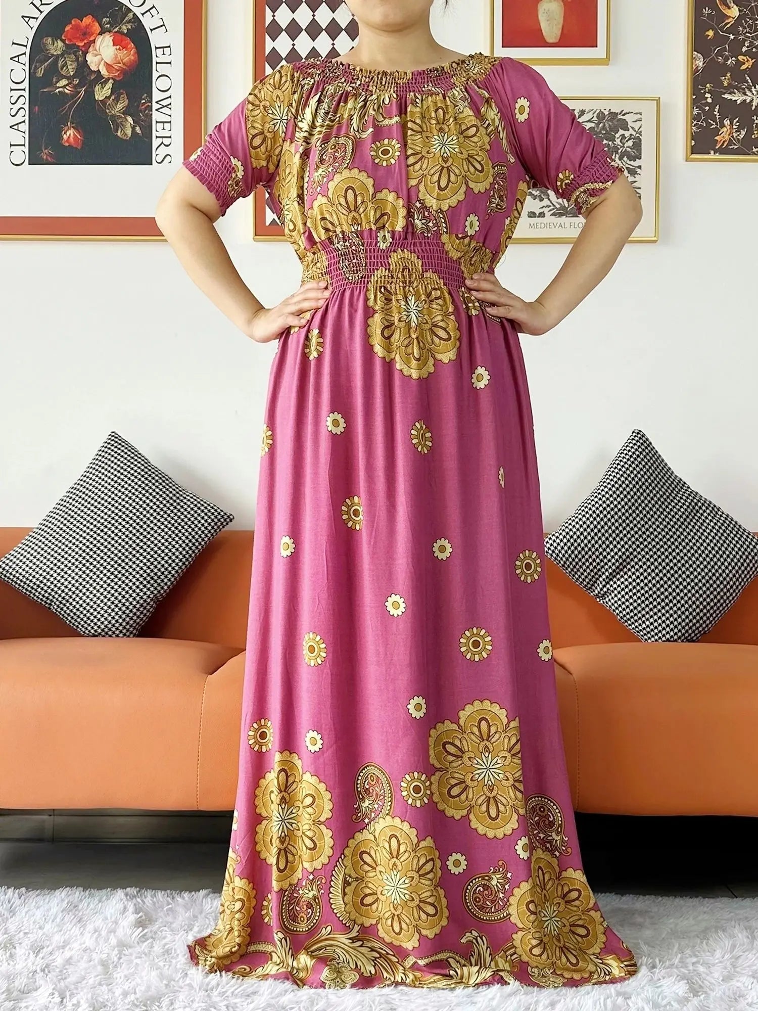 Women Party Dress Muslim Summer Short Sleeve Long Dress Collect Waist Floral Boubou Maxi Islam Women Dress African Abaya Clothes