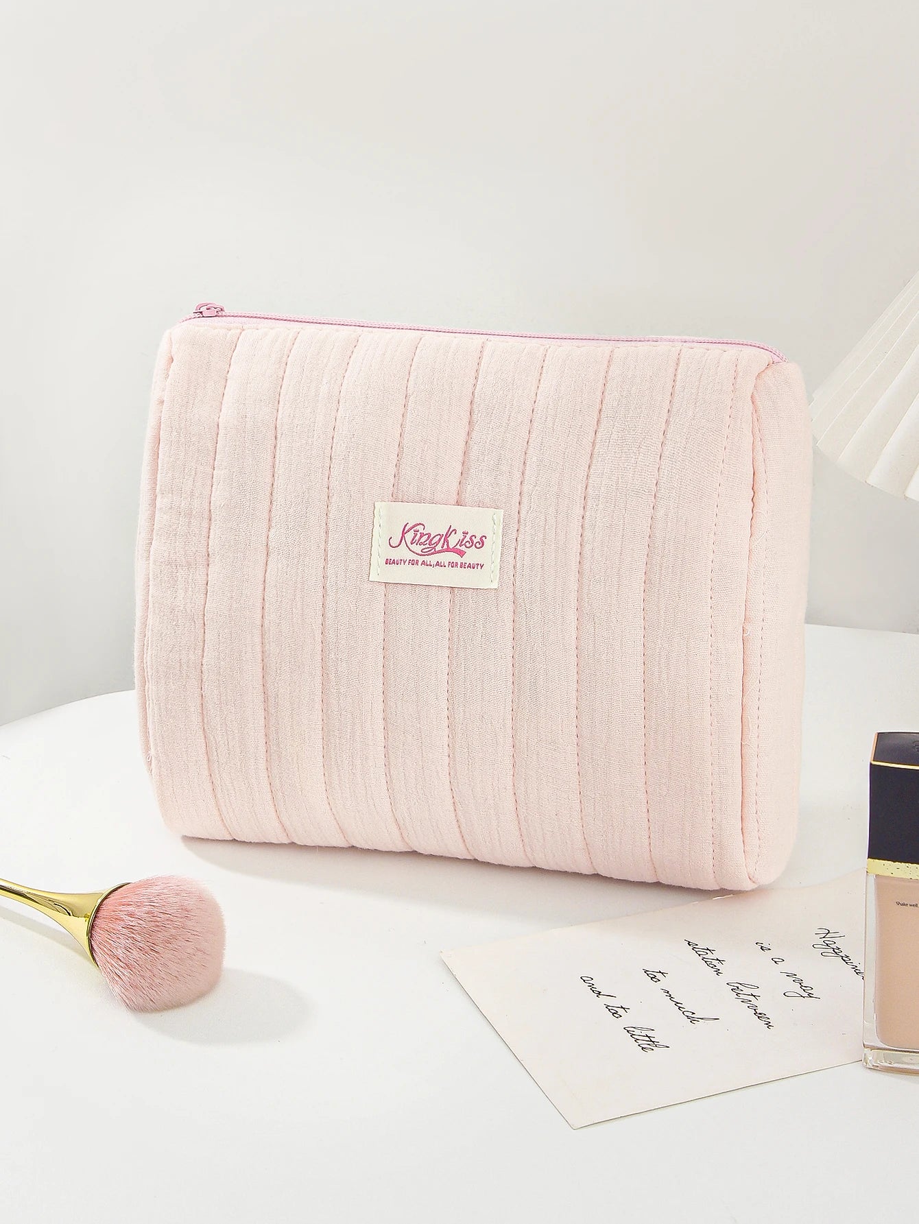 1pc/set pink quilted makeup bag, multifunctional makeup bag, handheld makeup bag, portable makeup bag set with zipper