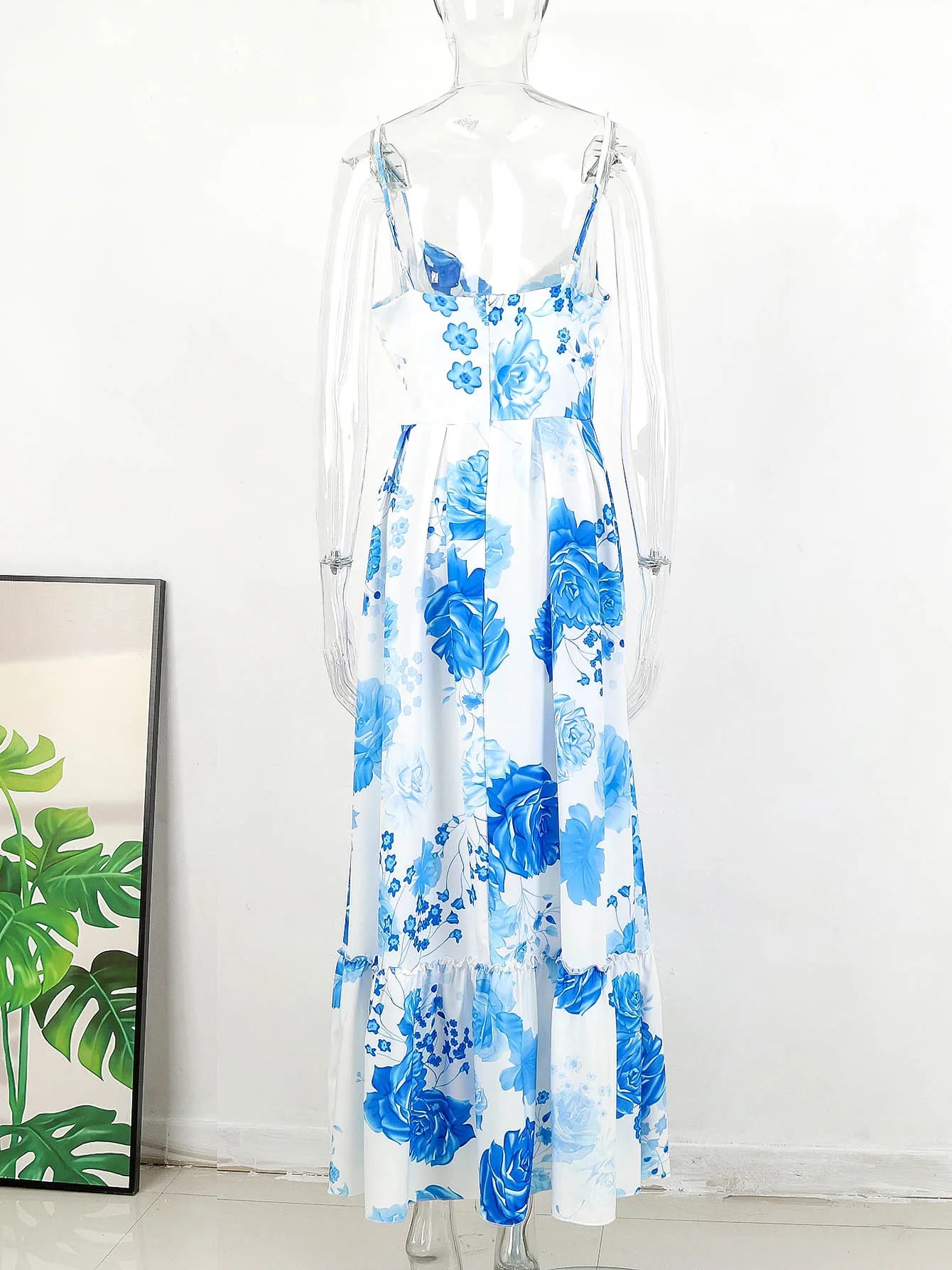 2024 Summer Print Long Dress Women Clothing Lace Up Sling Party Dresses Pattern Strappy Ladies Hollow Out V-Neck Beach Vestidos