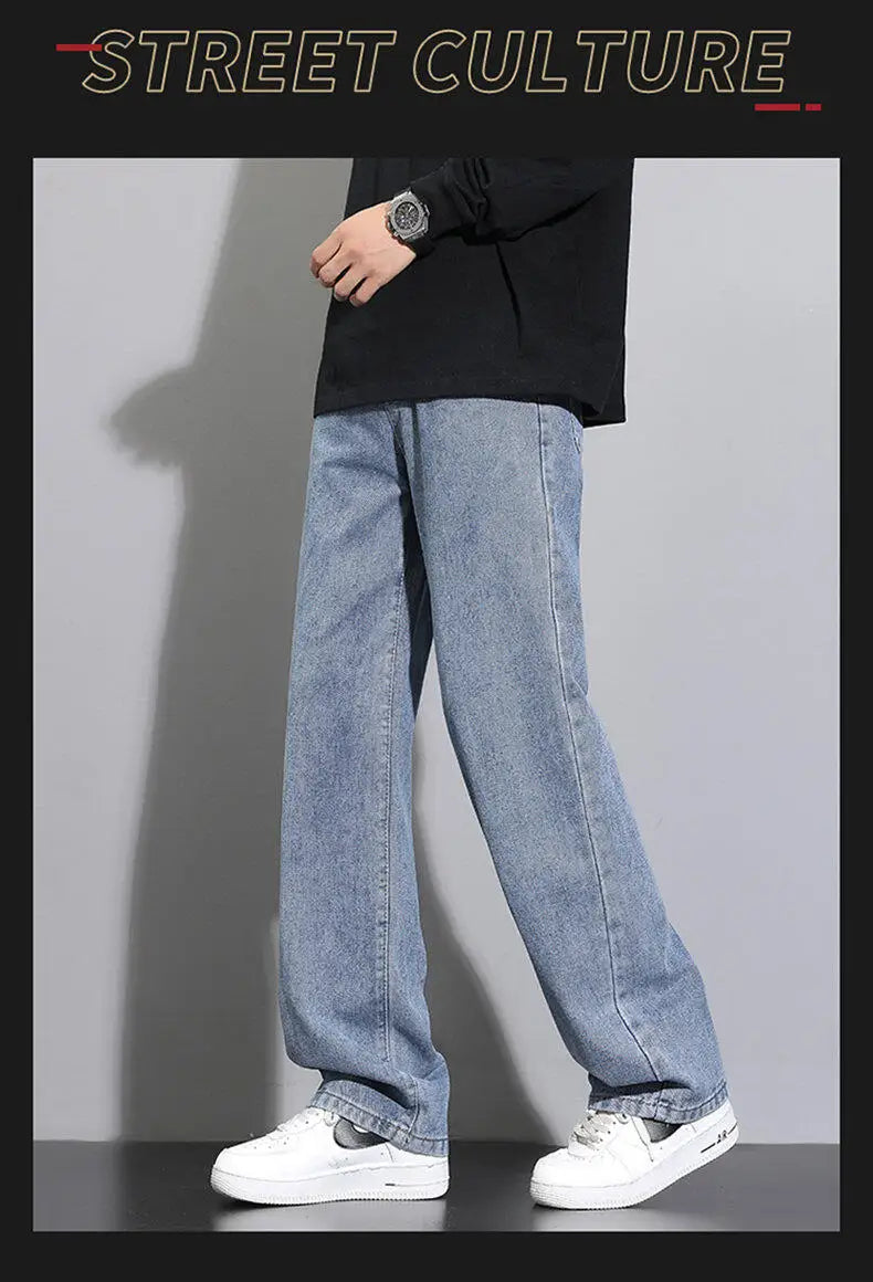 Jean long décontracté pour homme, style coréen, classique, droit, jambes larges, couleur unie, bleu clair, gris, noir, 2025