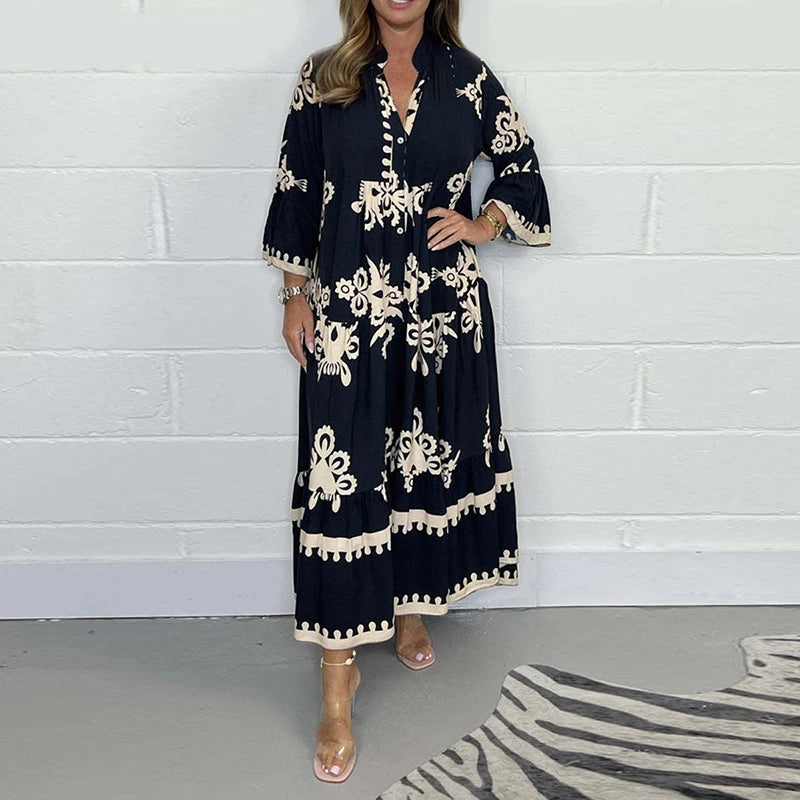 Vestidos Women's Printed Loose Ethnic Retro Dress Spring V Neck Button A-Line Long Dress Summer 3/4 Sleeve Bohemian Maxi Dresses