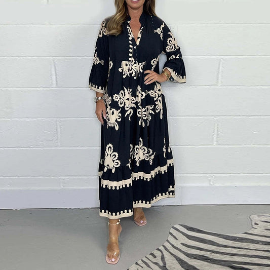 Vestidos Women's Printed Loose Ethnic Retro Dress Spring V Neck Button A-Line Long Dress Summer 3/4 Sleeve Bohemian Maxi Dresses