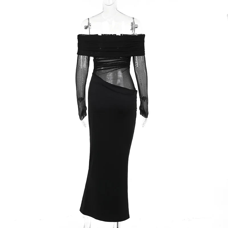 Tuularose Sexy Mesh Hollow Long Dress Women's Sexy One Shoulder Long Sleeve Patchwork Resort Dress Summer Party Evening Dress