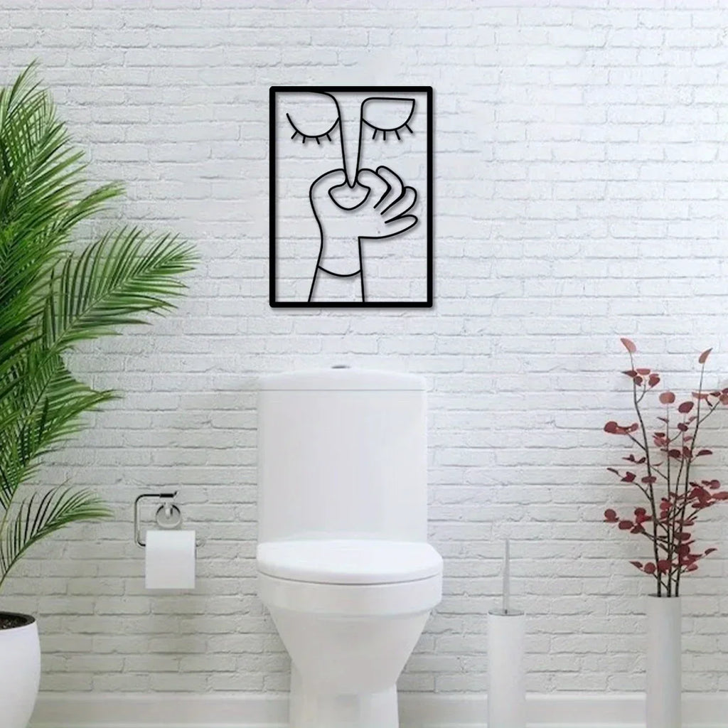 Tuvalet İçin Metal Duvar Sanatı: Minimal Çizgi Sanatı Tasarımıyla Komik Portre Banyo Tabelası ve Tuvalet Dekoru
