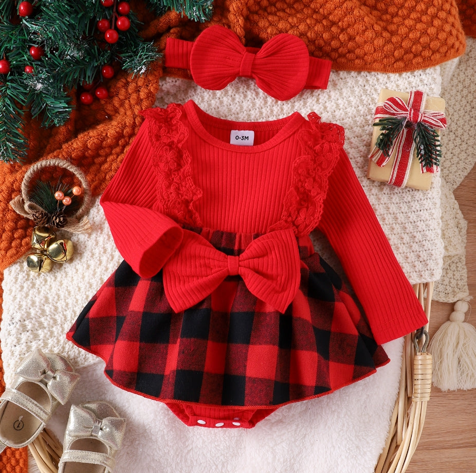 Newborn Baby Girl Christmas Romper Dress Ruffle Long Sleeve Plaid Jumpsuit Skirts Hem Bodysuit with Headband Outfit