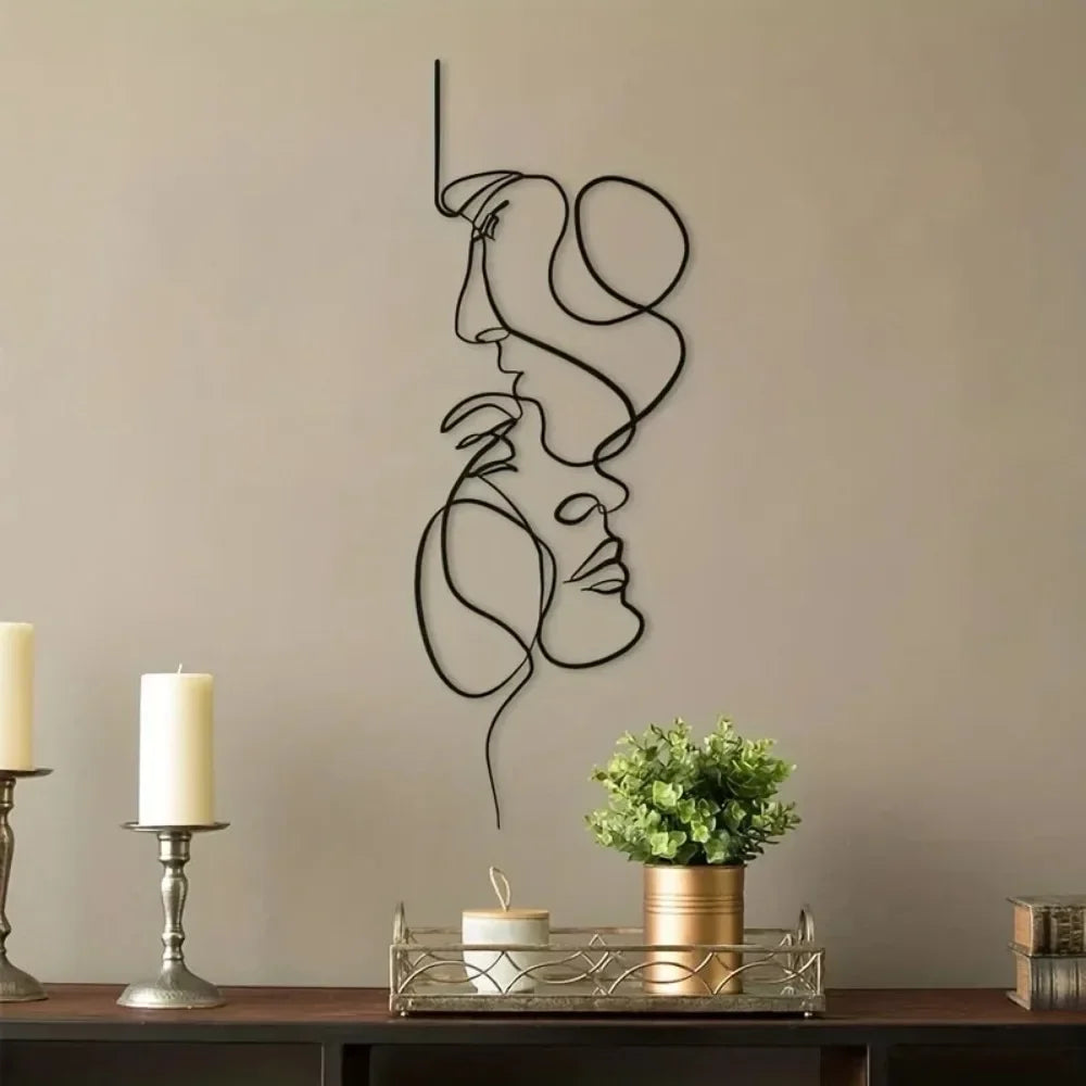 Nouvelle décoration murale minimaliste en métal – Décoration murale en forme de ligne faciale, sculpture abstraite en fer noir pour une décoration suspendue moderne