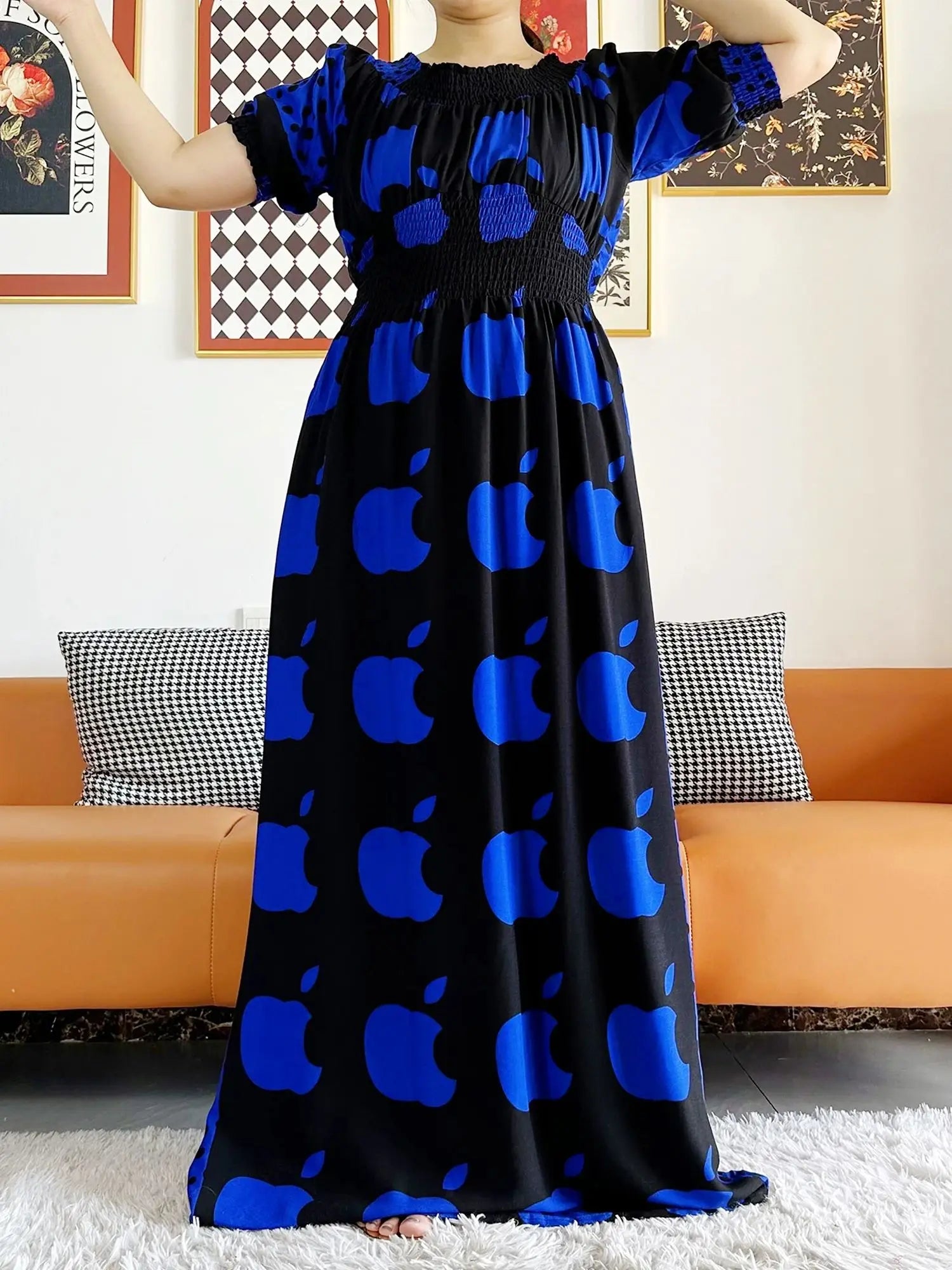 Women Party Dress Muslim Summer Short Sleeve Long Dress Collect Waist Floral Boubou Maxi Islam Women Dress African Abaya Clothes