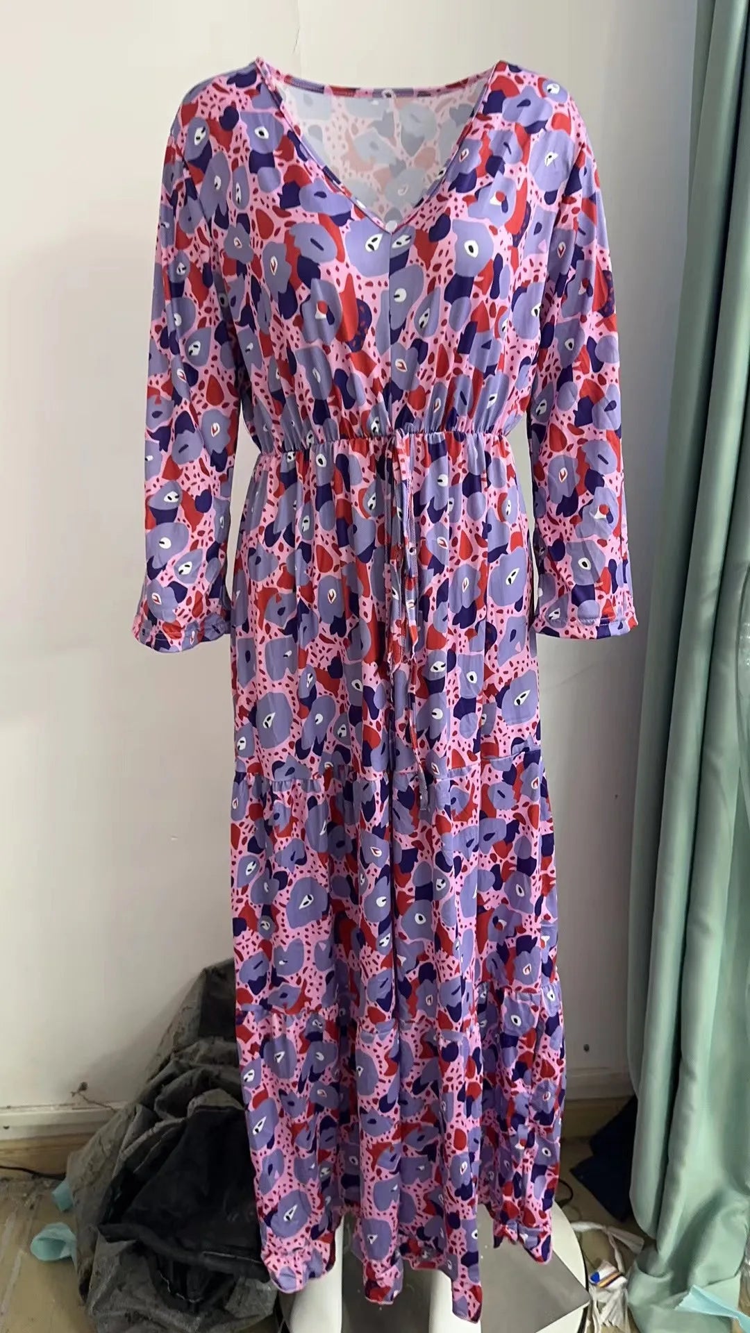 Women's Clothing Temperament Vacation Sexy V-neck Fashionable Printed Lace Up Seven Quarter Sleeve Large Swing Long Dress