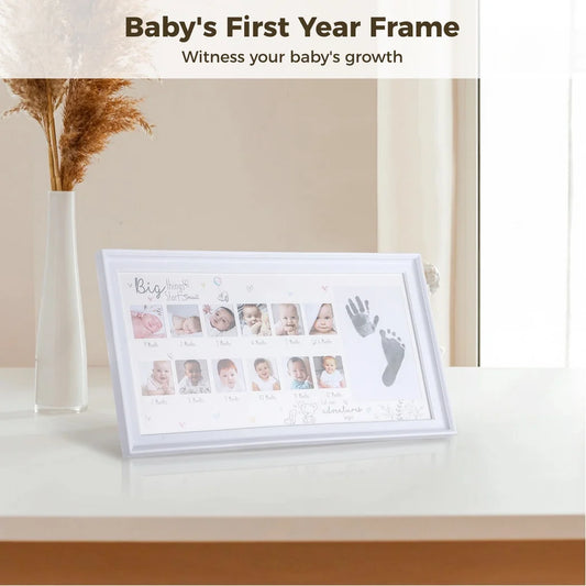 Cadre photo pour nouveau-né de 12 mois, kit d'empreintes de mains et de pieds de bébé, cadre photo pour ma première année de bébé pour photos souvenirs