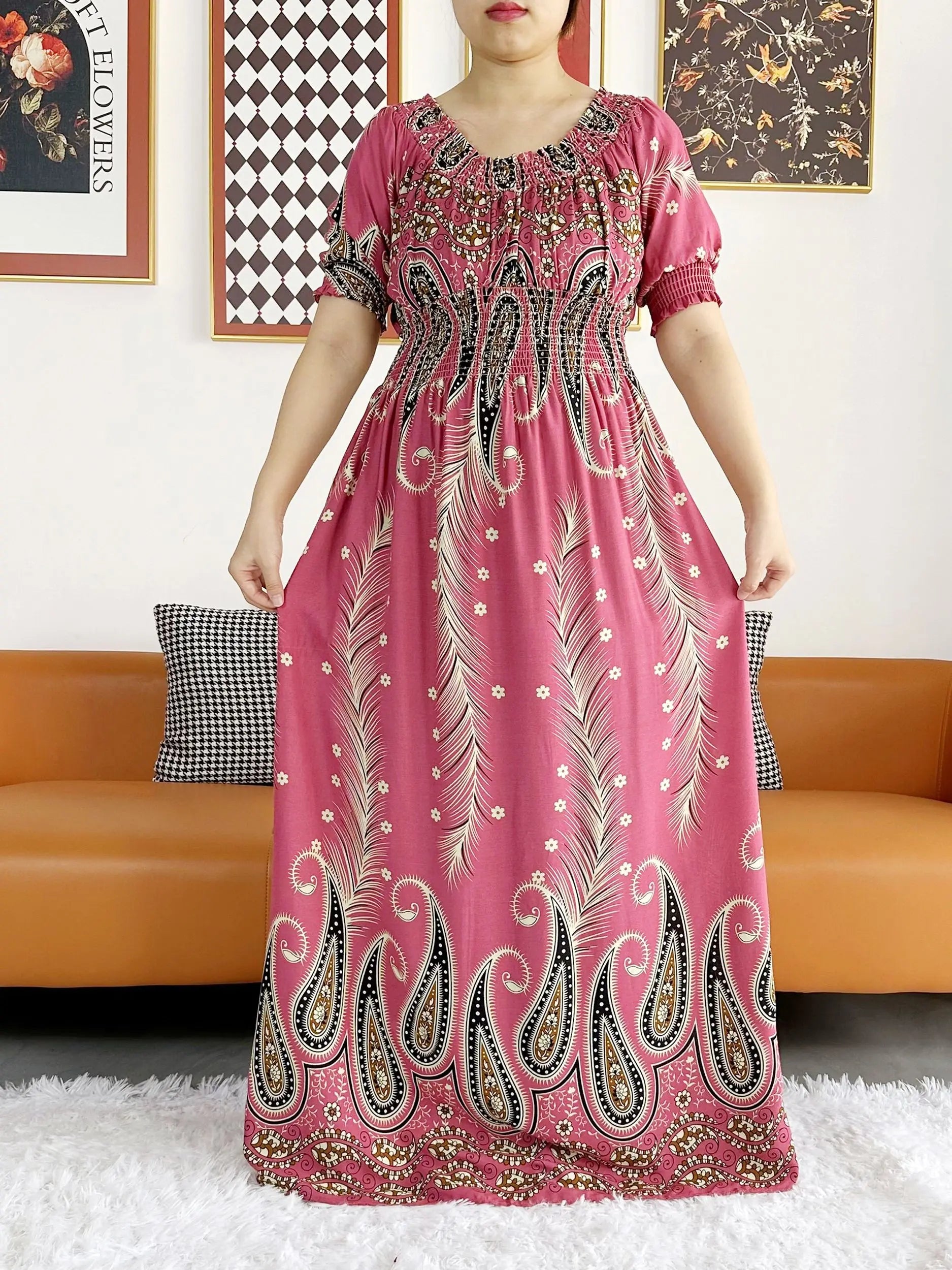 Women Party Dress Muslim Summer Short Sleeve Long Dress Collect Waist Floral Boubou Maxi Islam Women Dress African Abaya Clothes
