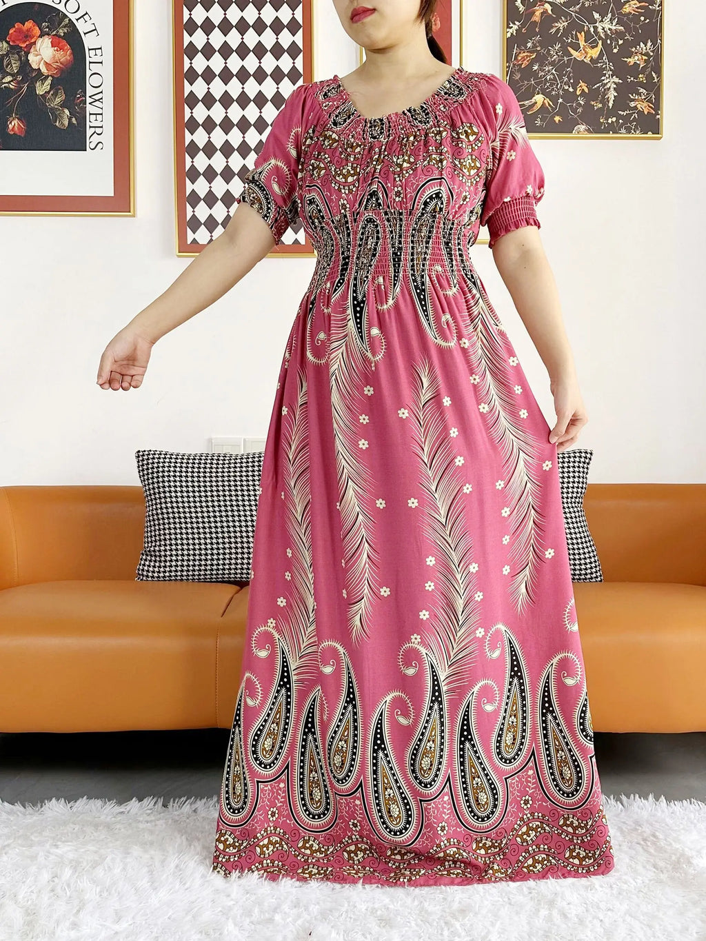 Women Party Dress Muslim Summer Short Sleeve Long Dress Collect Waist Floral Boubou Maxi Islam Women Dress African Abaya Clothes