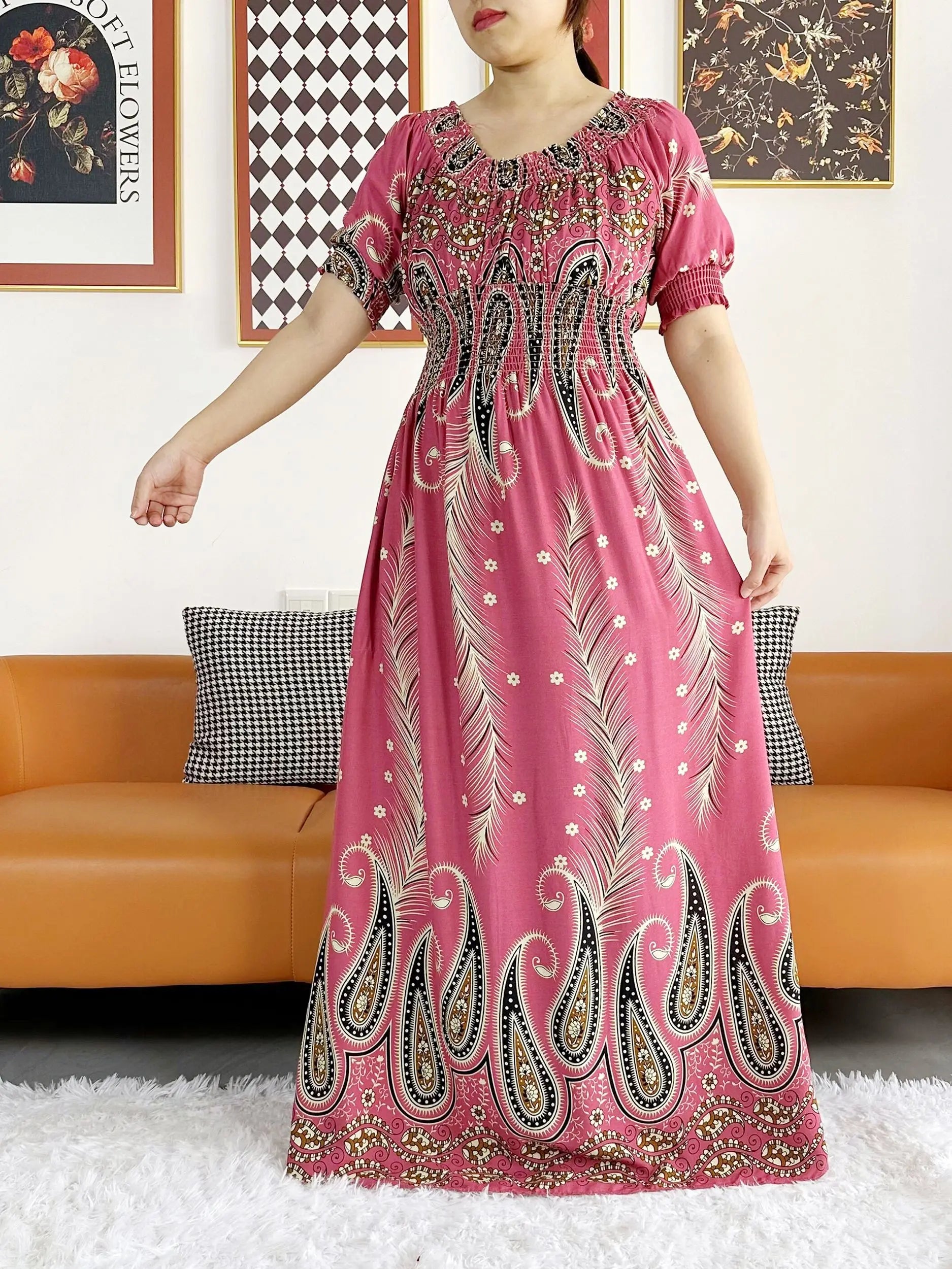 Women Party Dress Muslim Summer Short Sleeve Long Dress Collect Waist Floral Boubou Maxi Islam Women Dress African Abaya Clothes