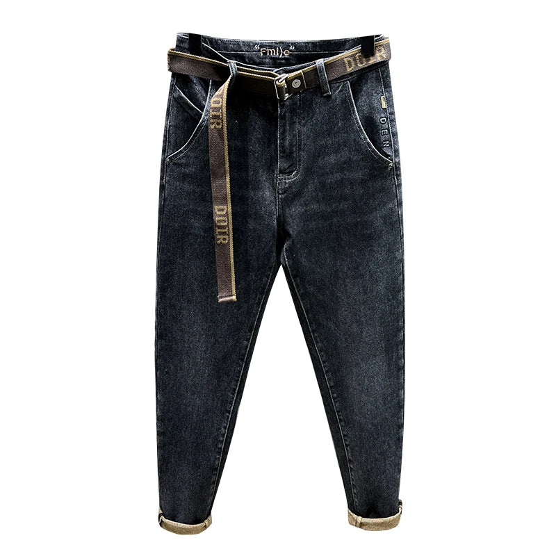 Tapered Jeans for Men's Clothing Autumn New Fashion Embroidered Korean Harem Pants Casual Stretch Black Denim Trousers