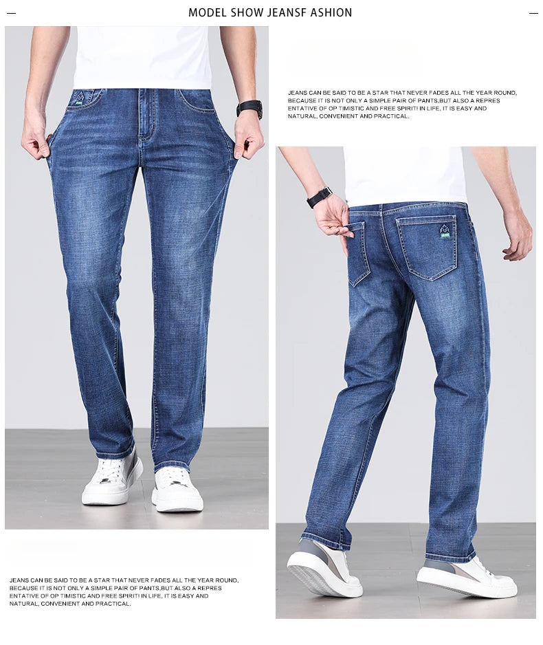 Men's Ultra-thin Stretch Casual Jeans New for Summer Business Fashion Straight Baggy Denim Trousers Blue Classic Style Male