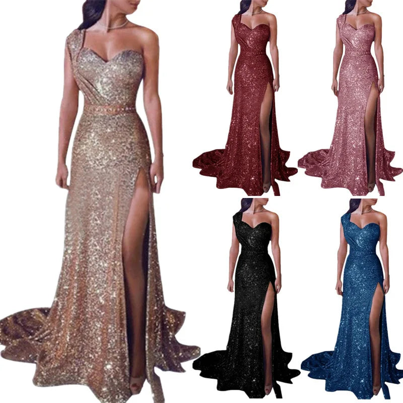 Explosive European and American women's sexy one-shoulder sleeveless gold hot dress slit long dress