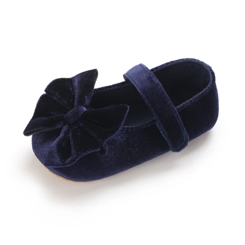 Spring and Autumn Newborn Flannelette Princess Shoes Baby Girls Bow Flat Shoes Toddler Baby Soft Rubber Sole First Walking Shoes