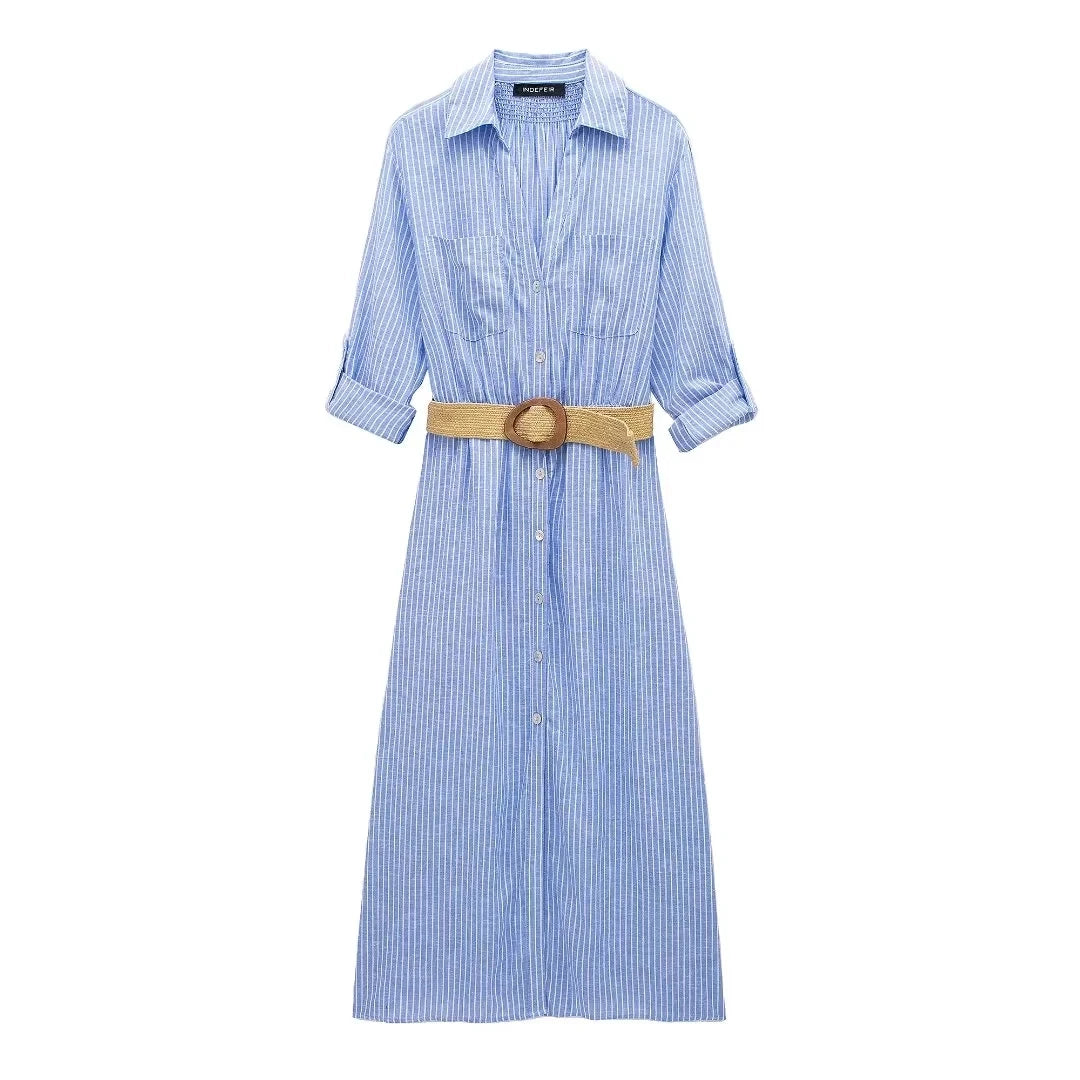 TRAFZA 2024 Striped Shirt Dress Women Belt Pleated Midi Dresses for Women Turn Up Sleeve Beach Women Summer Long Dress Vestidos