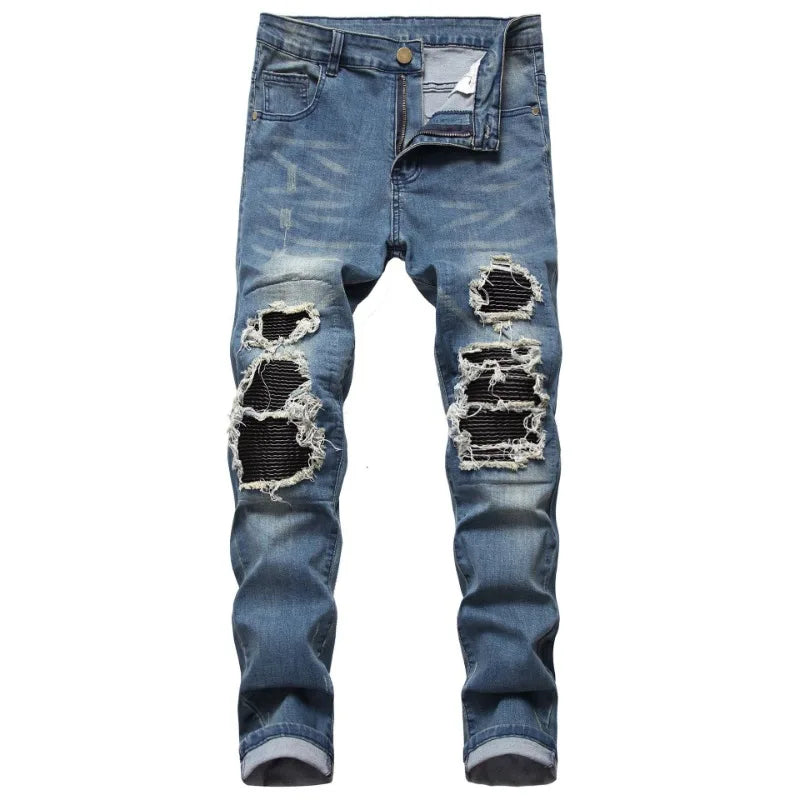 Jeans pour hommes High Street avec trous et pointes noires, jeans slim fit et pantalons pour hommes