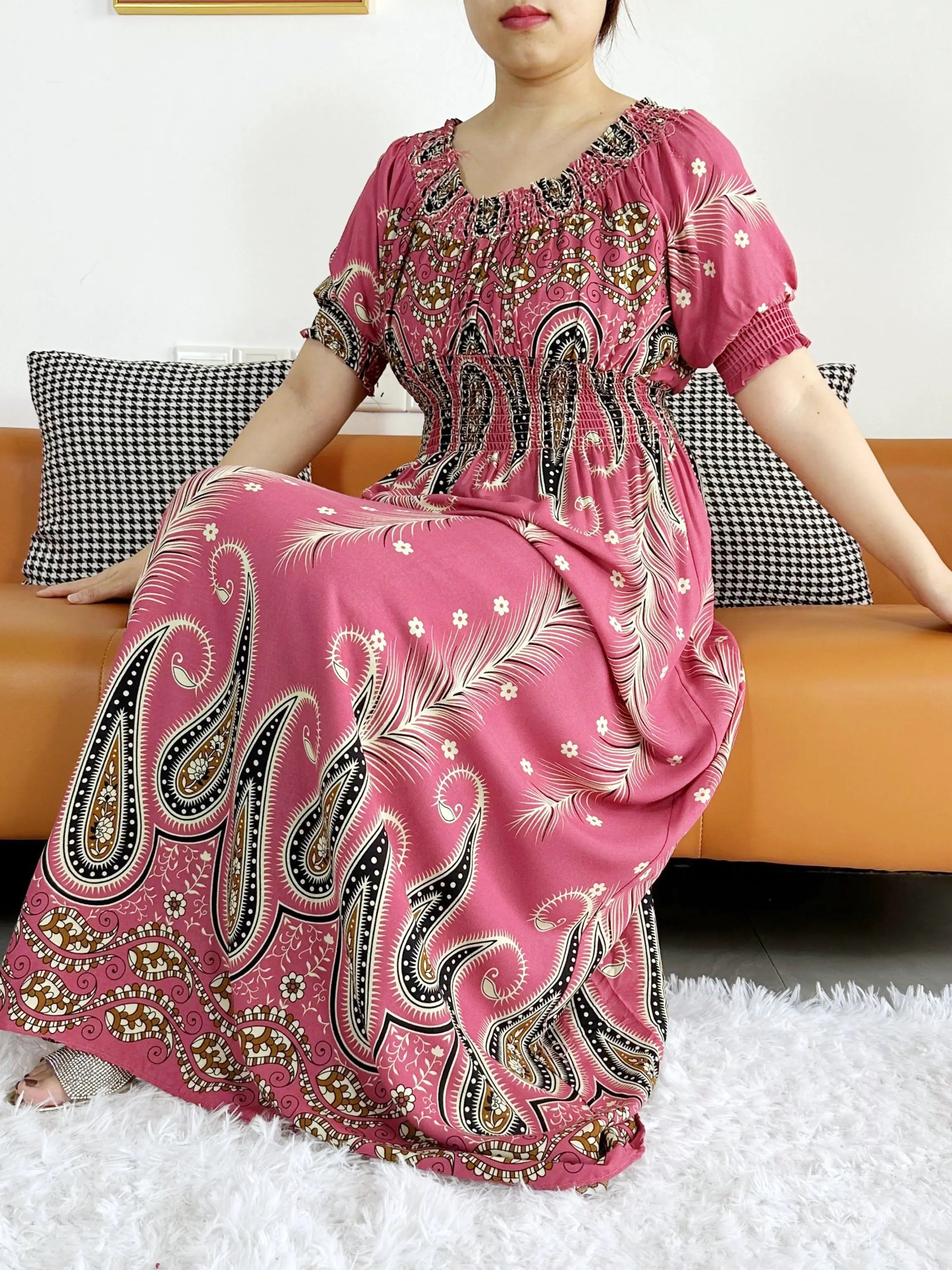 Women Party Dress Muslim Summer Short Sleeve Long Dress Collect Waist Floral Boubou Maxi Islam Women Dress African Abaya Clothes